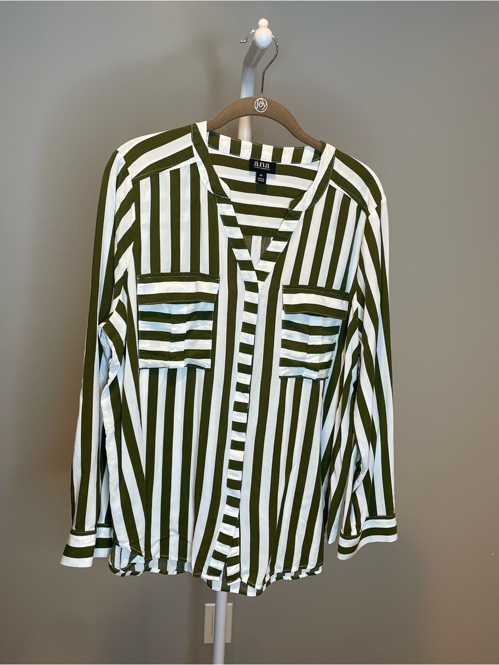 a.n.a Olive Green & White Striped V-Neck Blouse